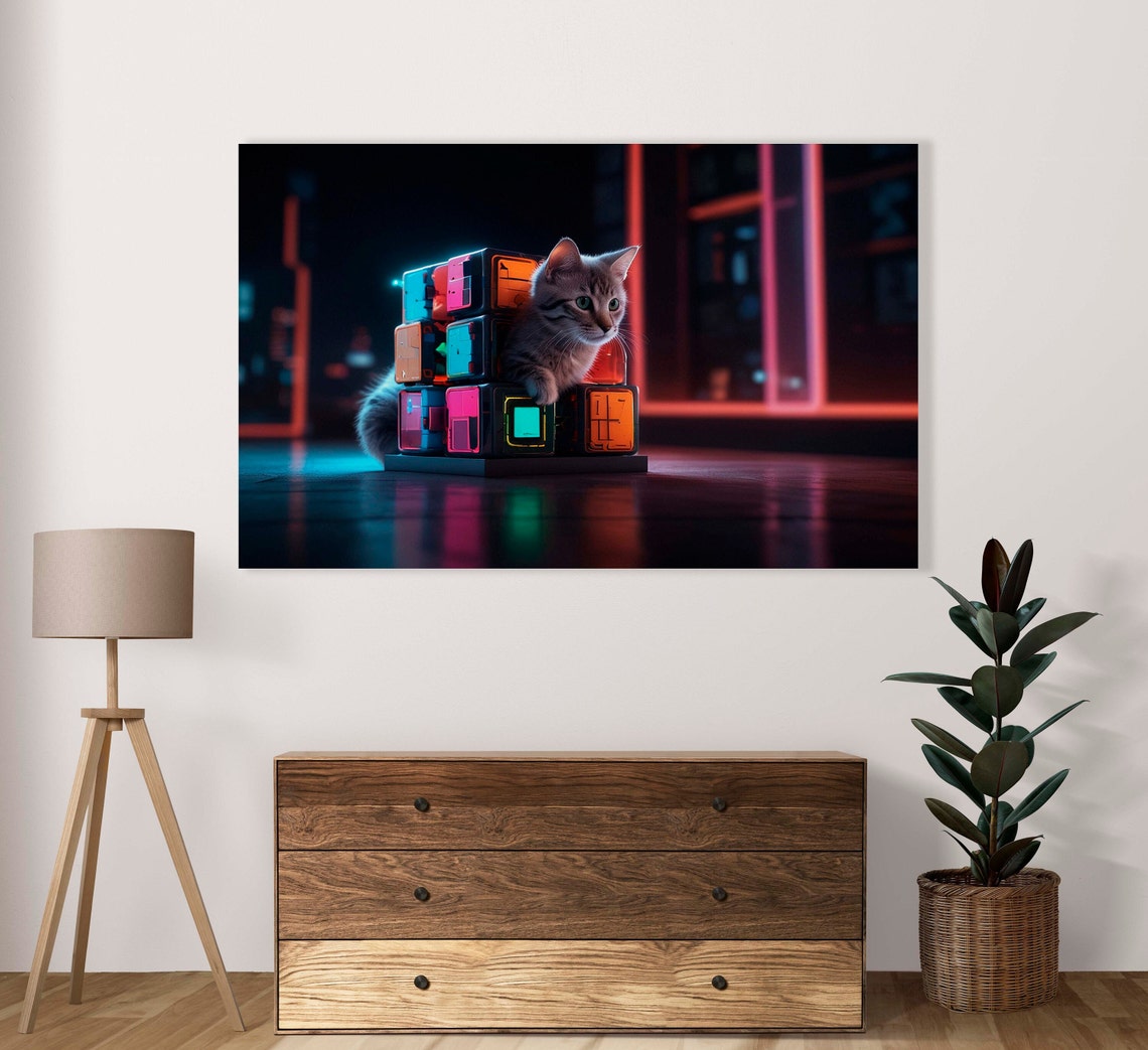 Gray Tabby Cat With Neon Glowing Cubes In A Night City Poster