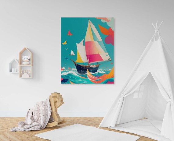 Colorful Sailboat Illustration On Bright Teal Ocean Waves Poster