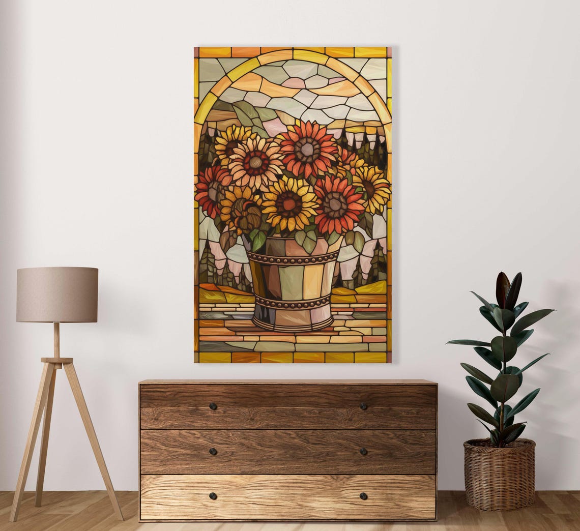 Golden Sunflower Bouquet Stained Glass Style Arched Window Poster
