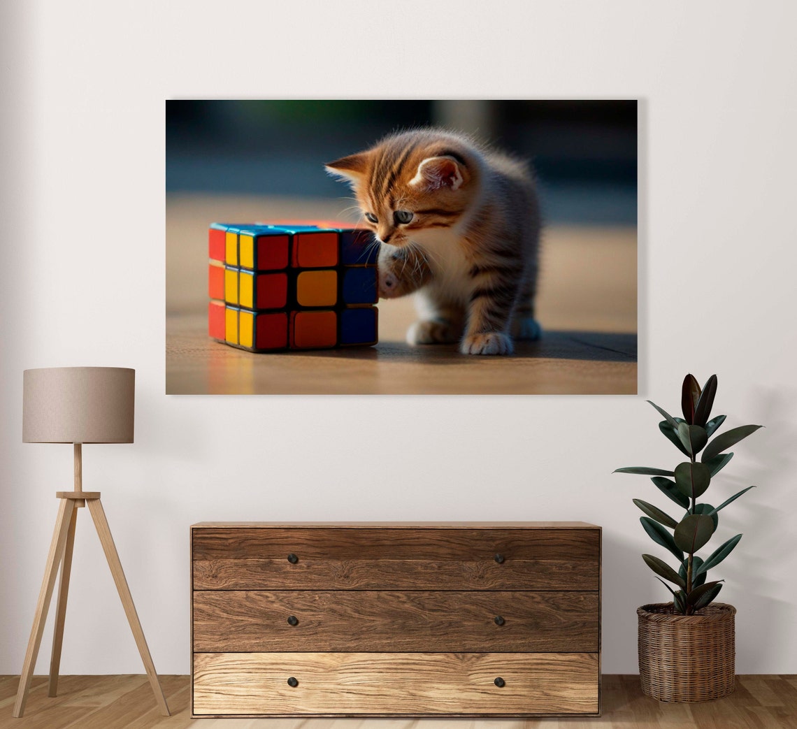 Tiny Orange Kitten Pawing Big Puzzle Cube Playful Art Poster