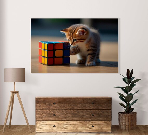 Curious Kitty Cat Playing With Rubik Cube Poster Set Of 1 Image Home Art Decor Cute Kitten Illustration
