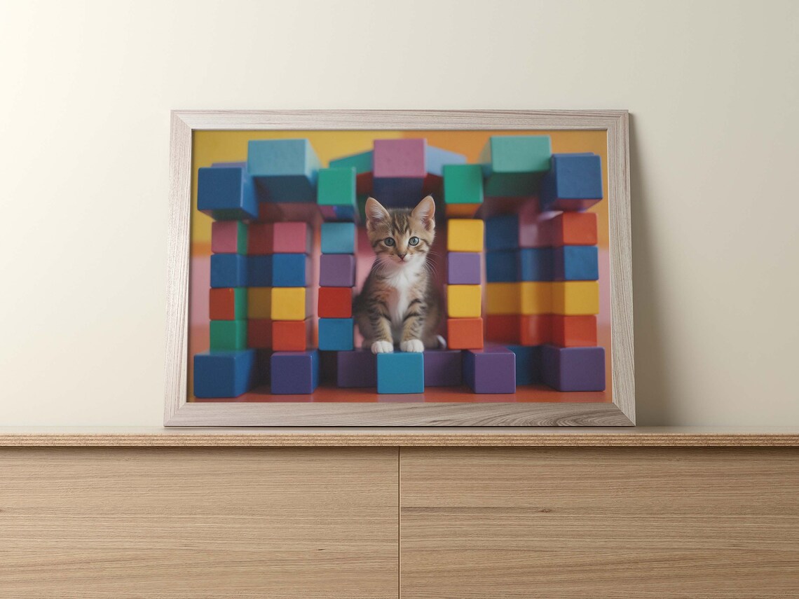 Cute Kitten Sitting In Castle Of Colorful Building Blocks Poster - Image 2