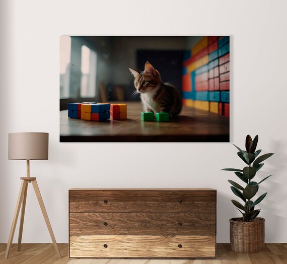 Tabby Cat Among Scattered Rubiks Cubes In A Moody Room Poster