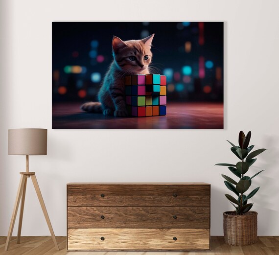 Cute Kitten With Rubik Cube Poster Of 1 Image Home Decoration Vivid Kitten Illustration Pets Lovers