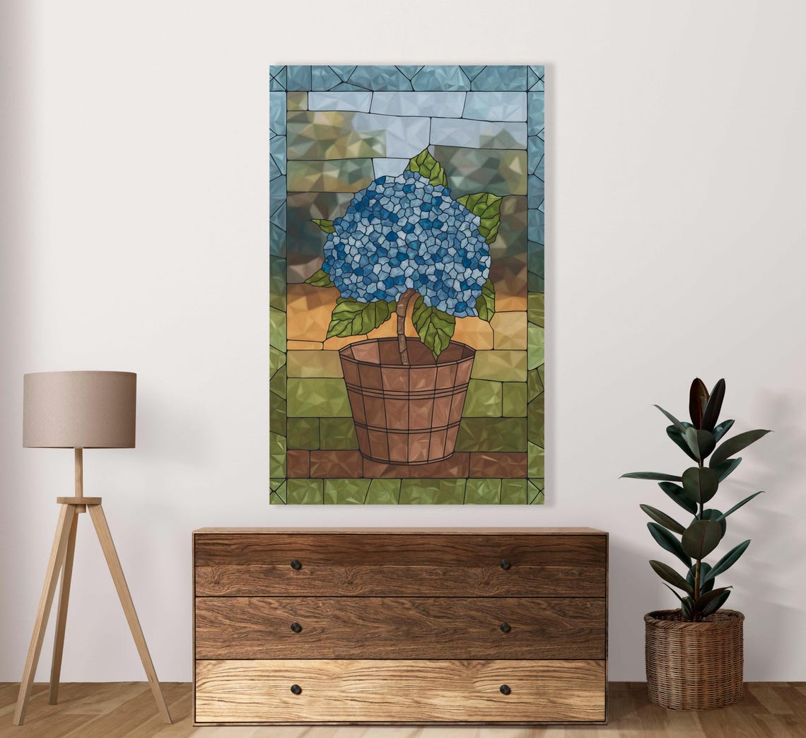 Single Blue Hydrangea Potted Bloom Stained Glass Style Poster