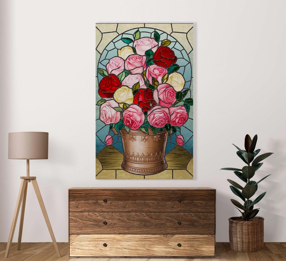 Multicolor Rose Bouquet Bronze Pot Stained Glass Style Poster
