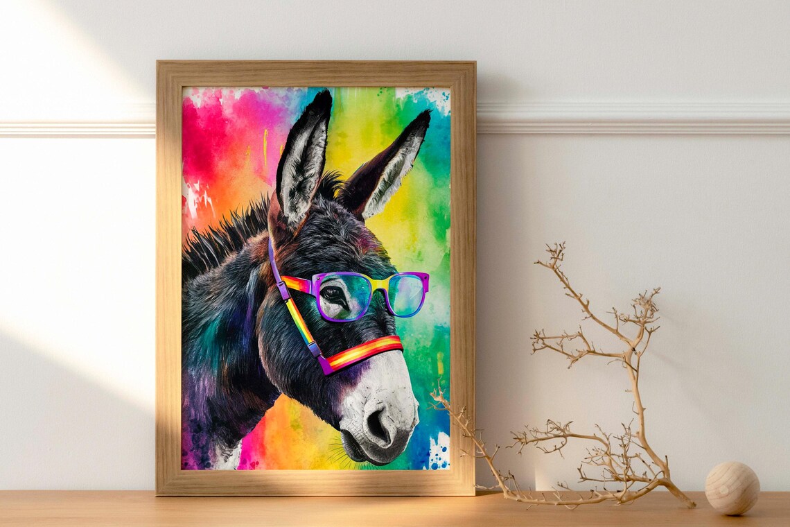 Donkey Wearing Rainbow Glasses Watercolor Funny Pet Portrait Poster - Image 2