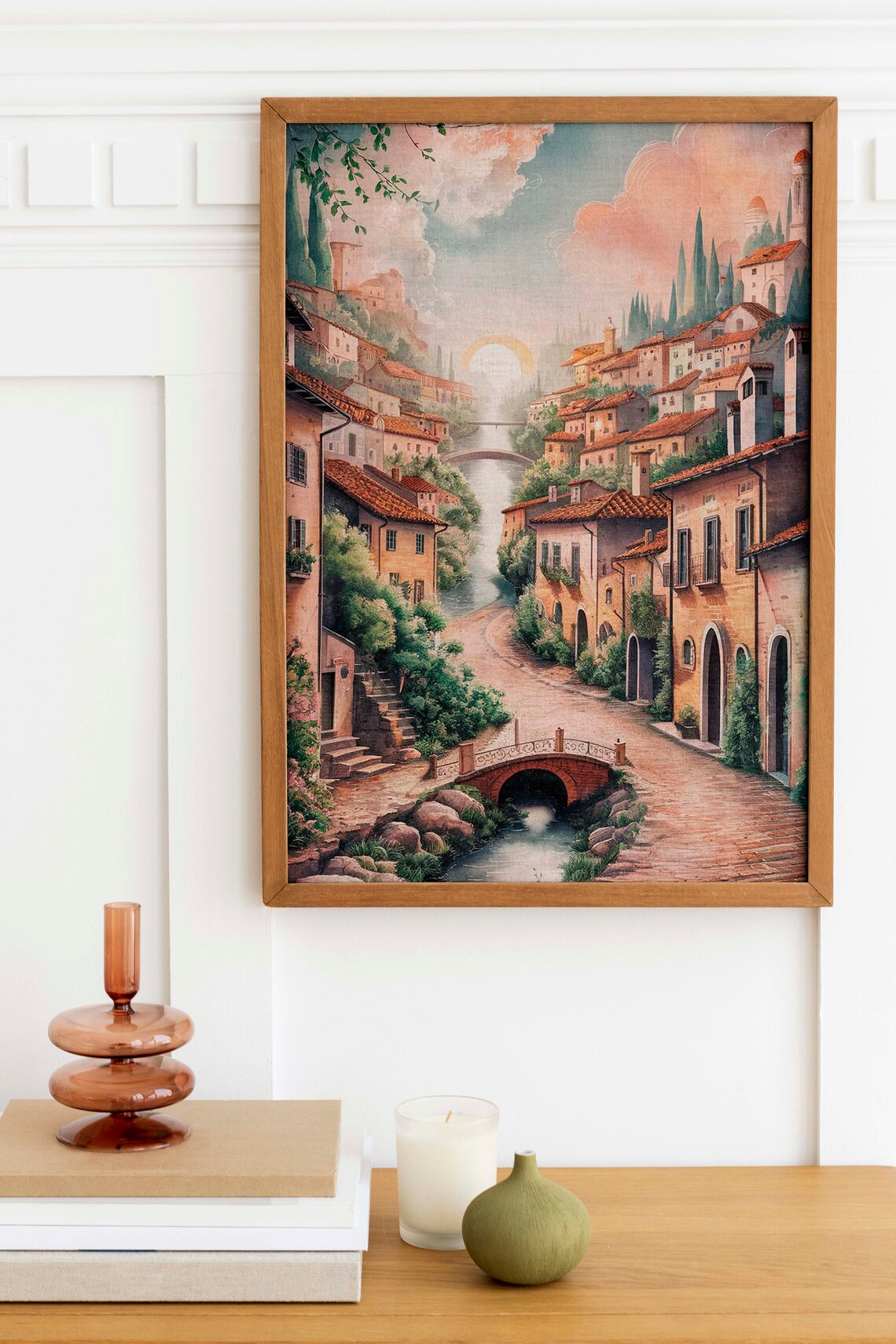 Sunset River Village Watercolor European Old Town Scenic Poster - Image 2