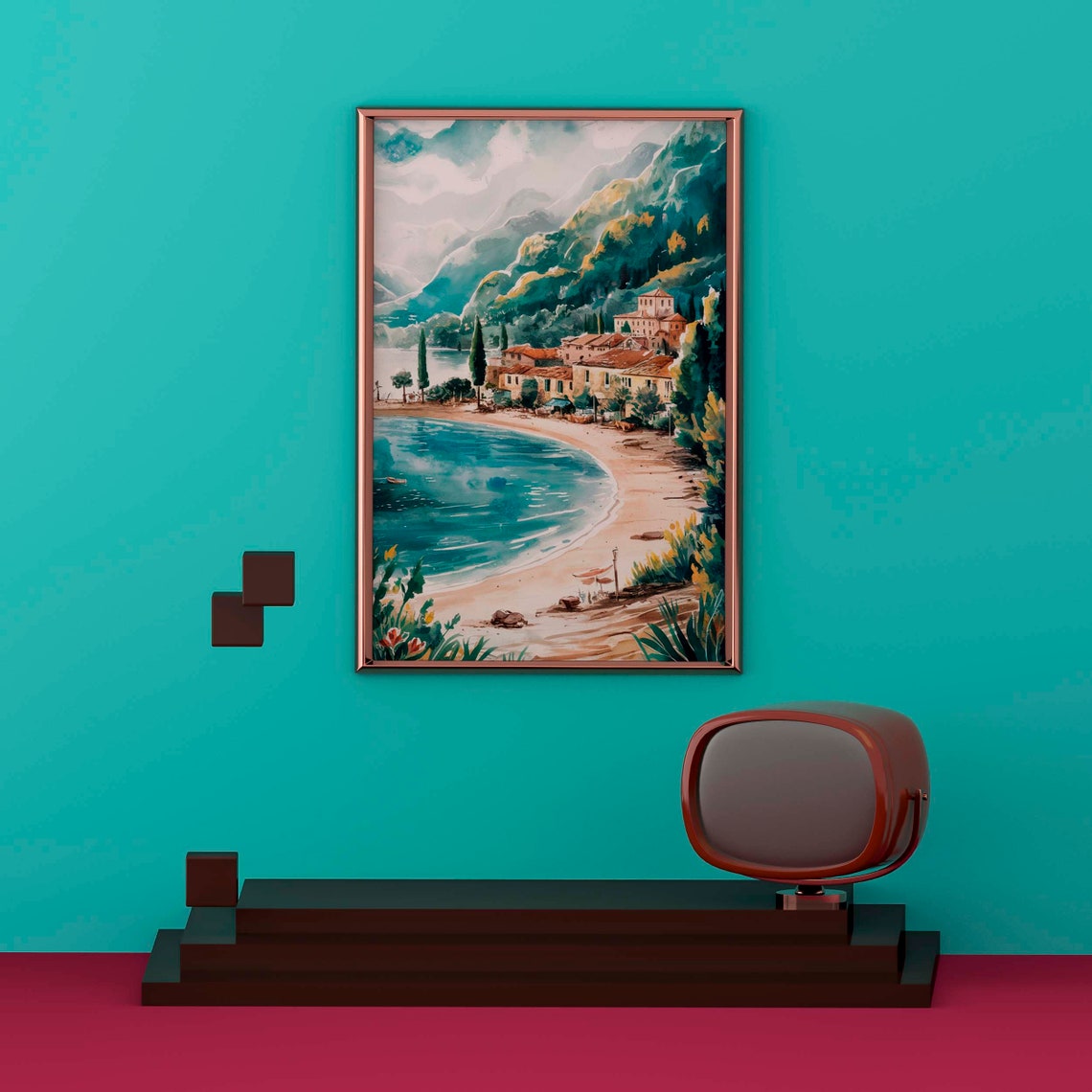 Charming Small Seaside Village Beach Watercolor Coastal Poster - Image 2