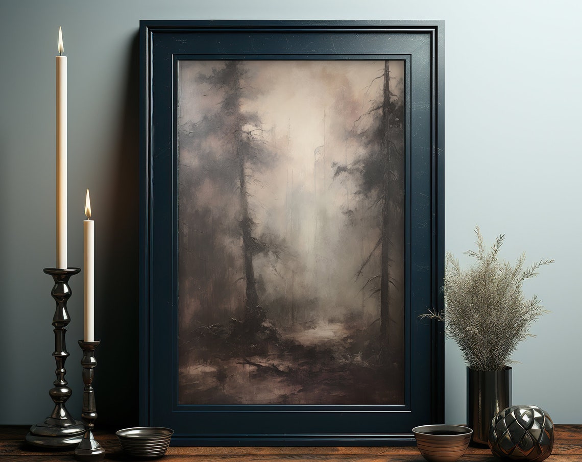 Spooky Misty Gray Forest in Fog Moody Vintage Halloween Poster