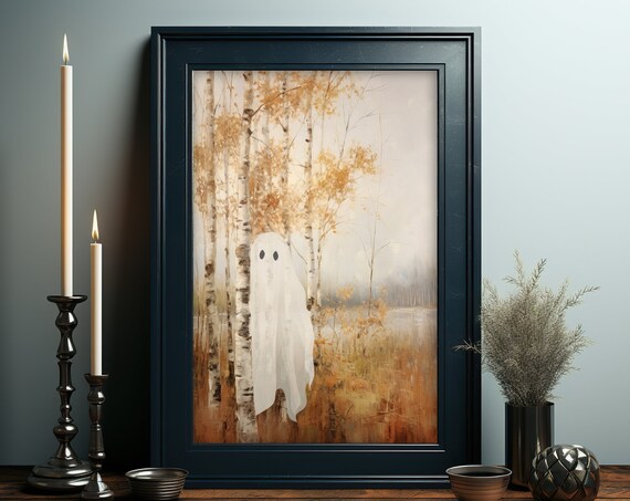 Cute Shy Ghost Hiding Behind Birch Tree Autumn Halloween Poster