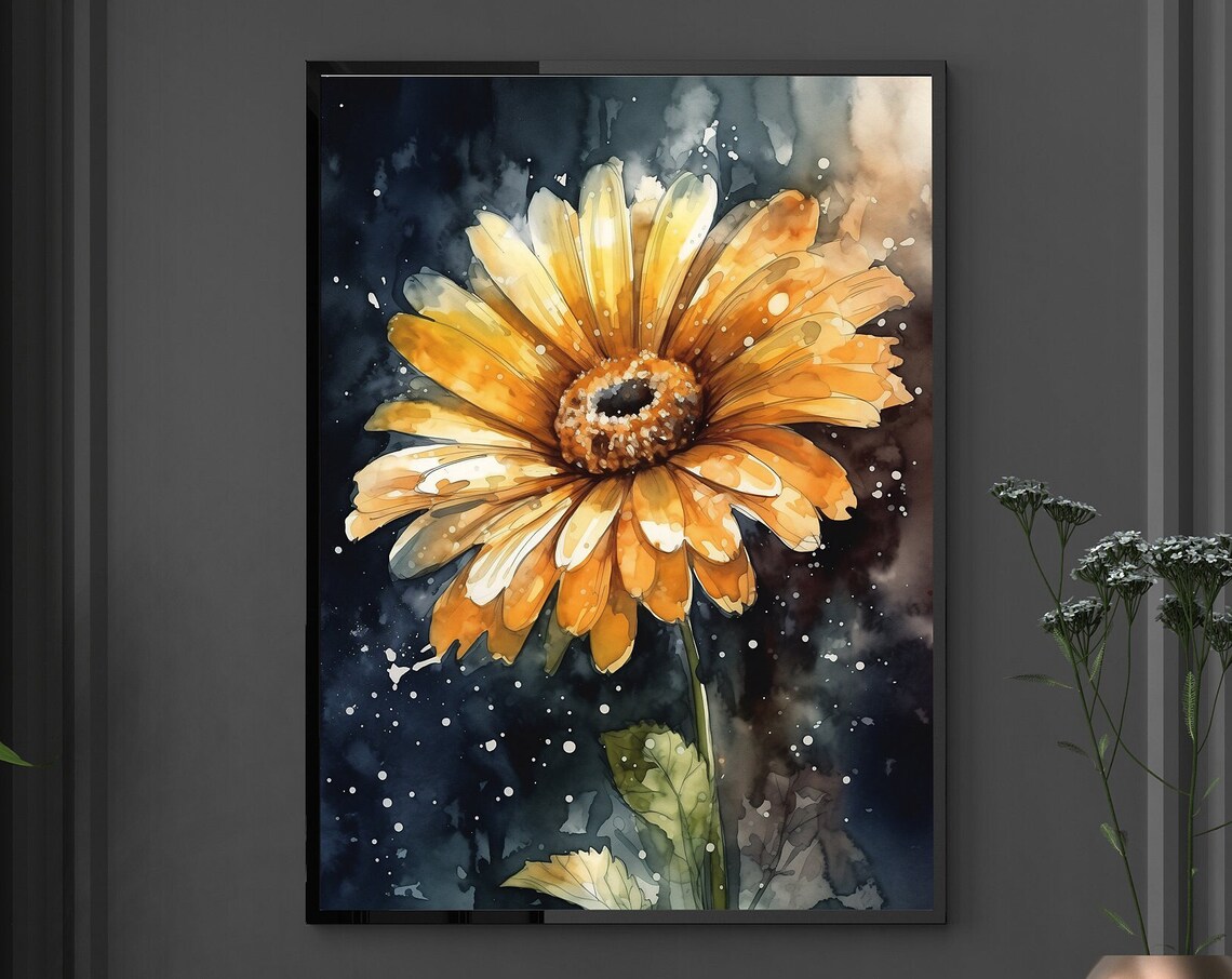Yellow Daisy Flower Watercolor Bold Dark Floral Scene Poster - Image 5