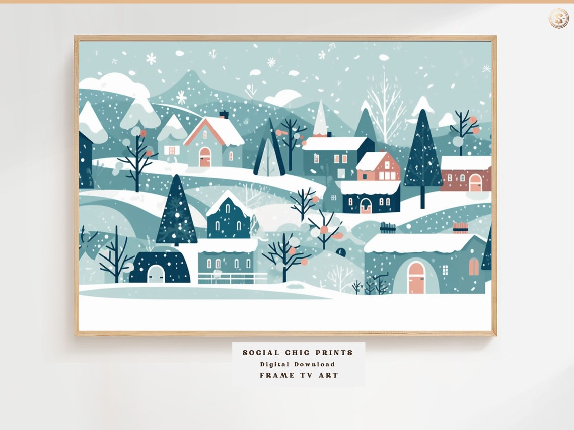 Snowy Winter Village Christmas Scene Poster for Frame TV Display