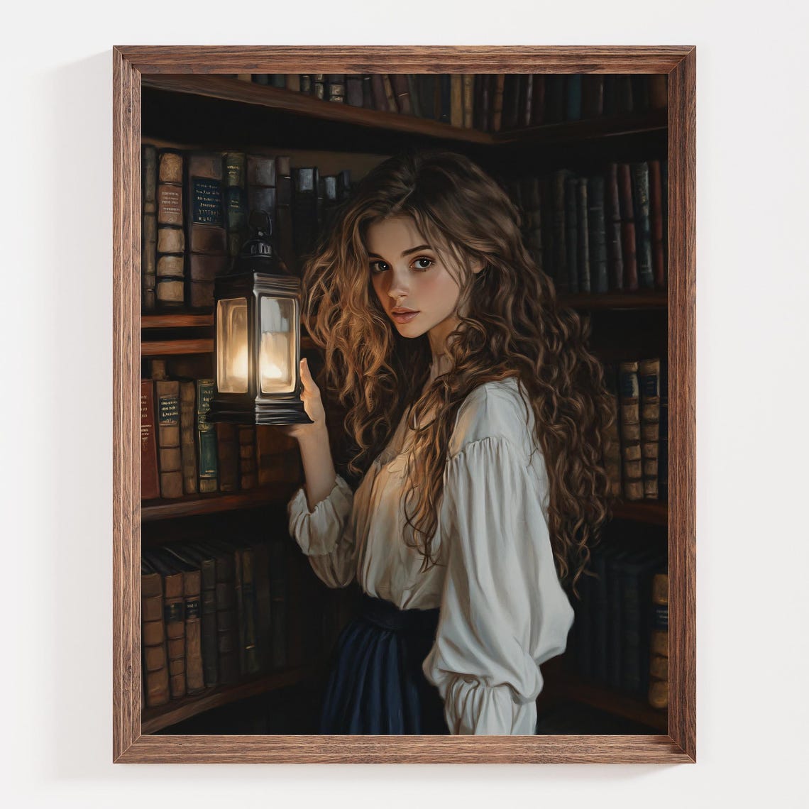 Young Woman Holding a Glowing Lantern in a Candlelit Library Poster