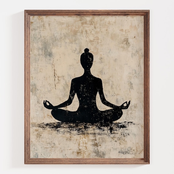 Black Silhouette of a Meditating Figure on Beige Canvas Poster