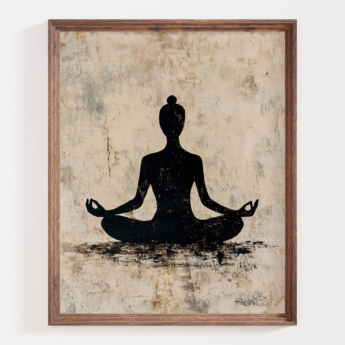 Black Silhouette of a Meditating Figure on Beige Canvas Poster