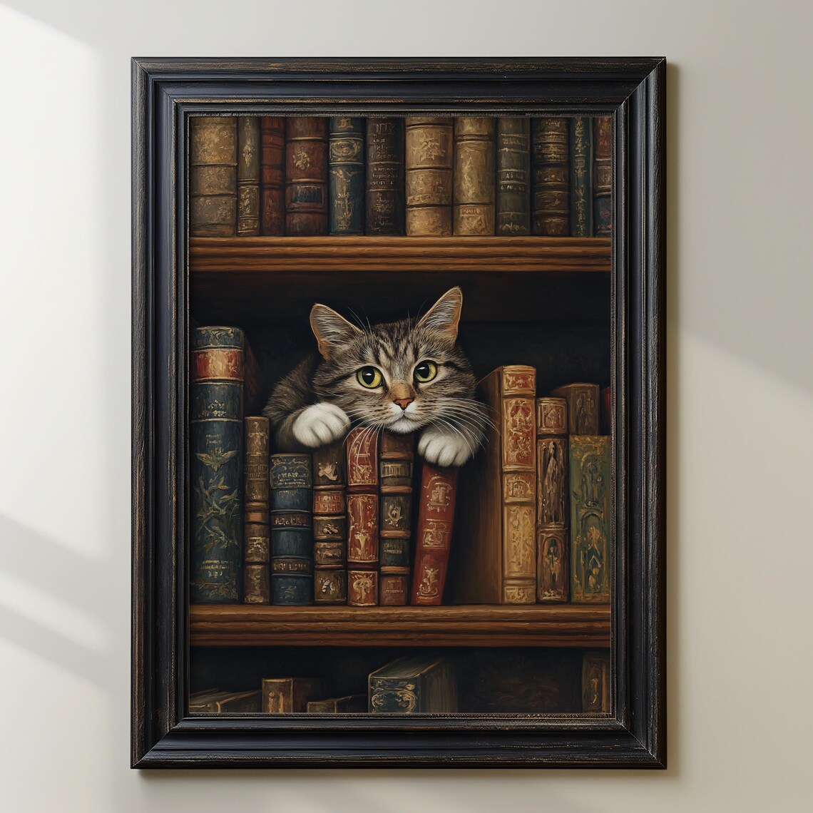 Cat In Bookshelf Vintage Library Art Print