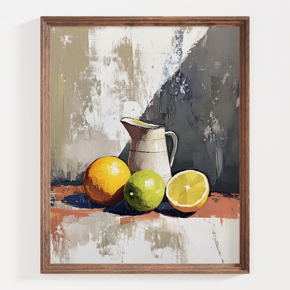 Still Life Art Print Citrus Fruit Wall Decor Modern Kitchen Artwork Rustic Pitcher Painting Neutral Color Palette Farmhouse Style - Image 3