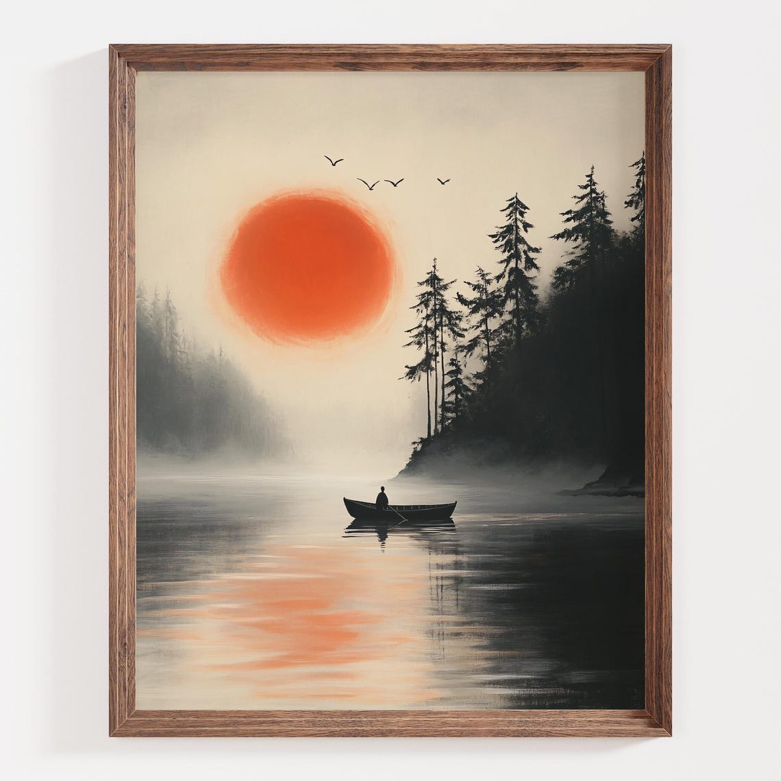 Silhouetted Canoe on a Misty Lake at Sunset Japanese Style Poster