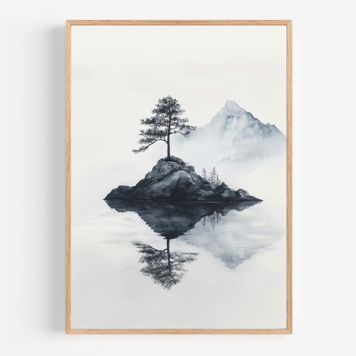 Lone Pine Tree on a Rocky Island Watercolor Reflection Poster - Image 2