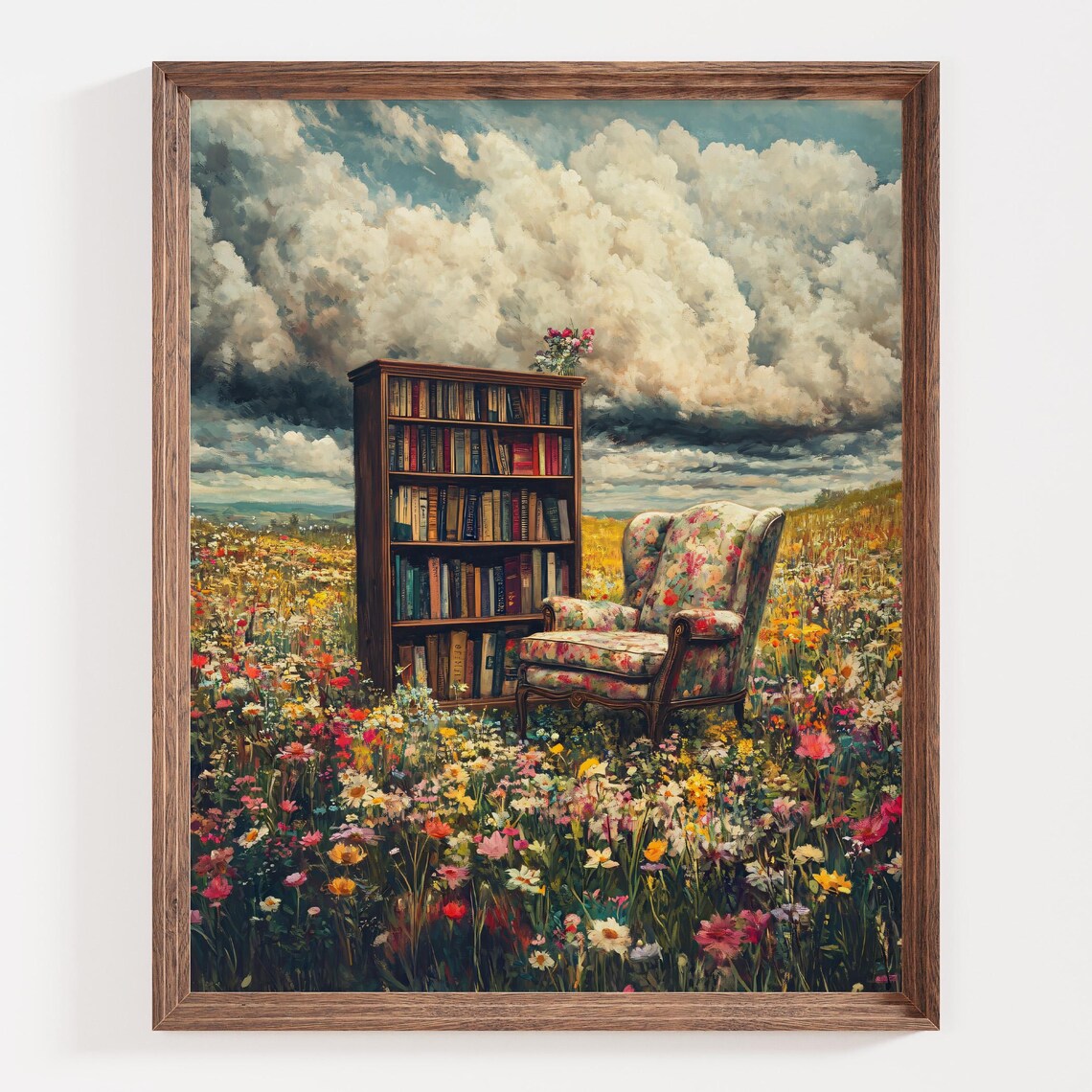 Vintage Library Floral Bookshelf Poster Print - Image 4