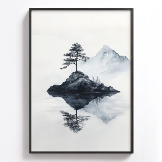 Minimalist Mountain Art Tranquil Lake Scene Mountain Reflection Art Lake And Mountain Art Zen Artwork Mountain Silhouette Art Gift For