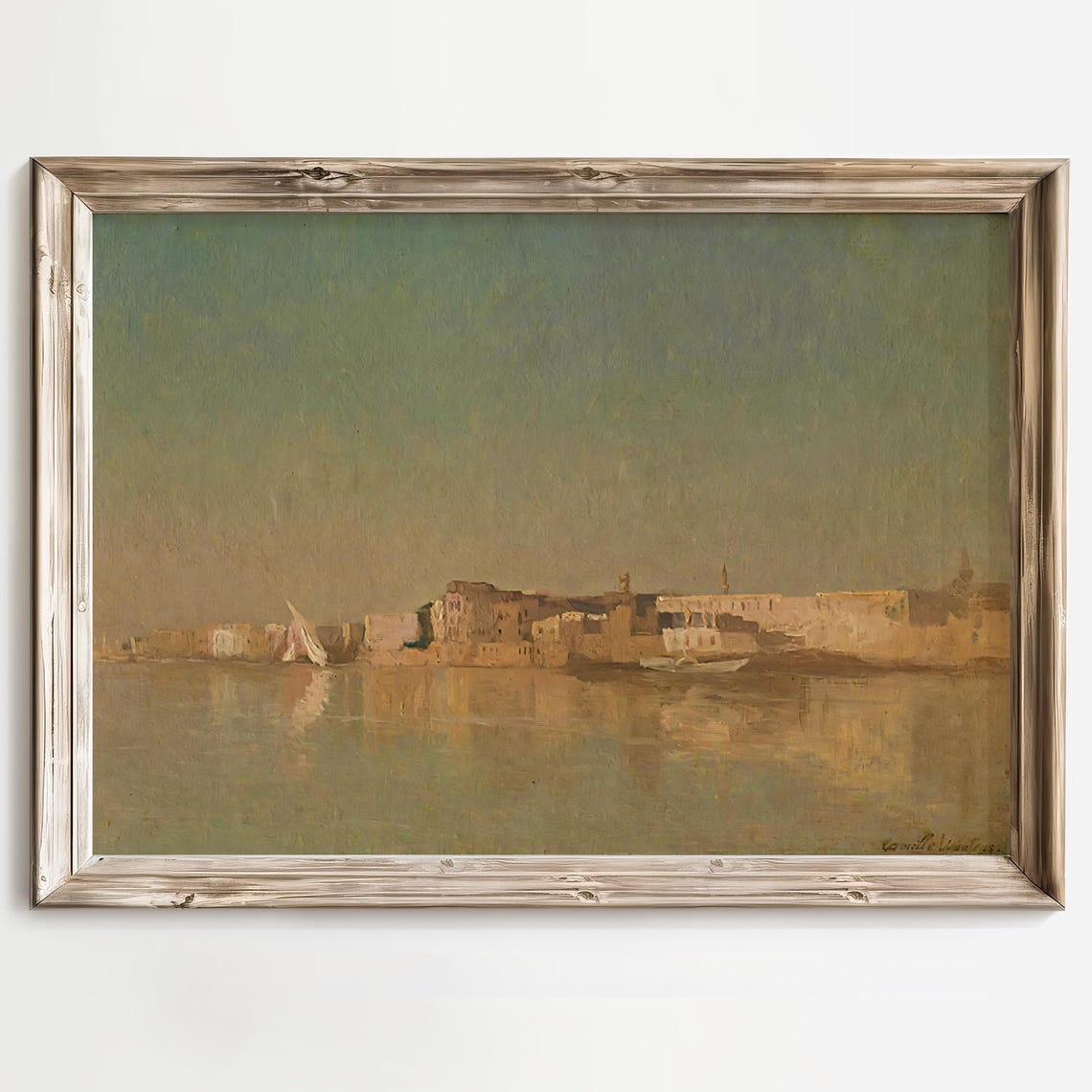 Hazy Coastal Town Harbor Impressionist Golden Seascape Poster - Image 2