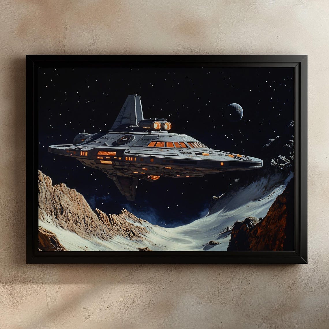 Retro Sci-Fi Spaceship Over an Icy Alien Canyon Starry Poster