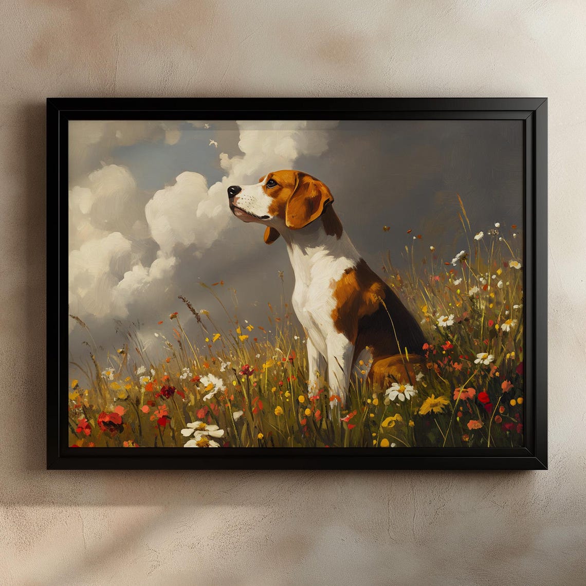 Beagle Sitting Among Colorful Wildflowers on a Meadow Hill Poster