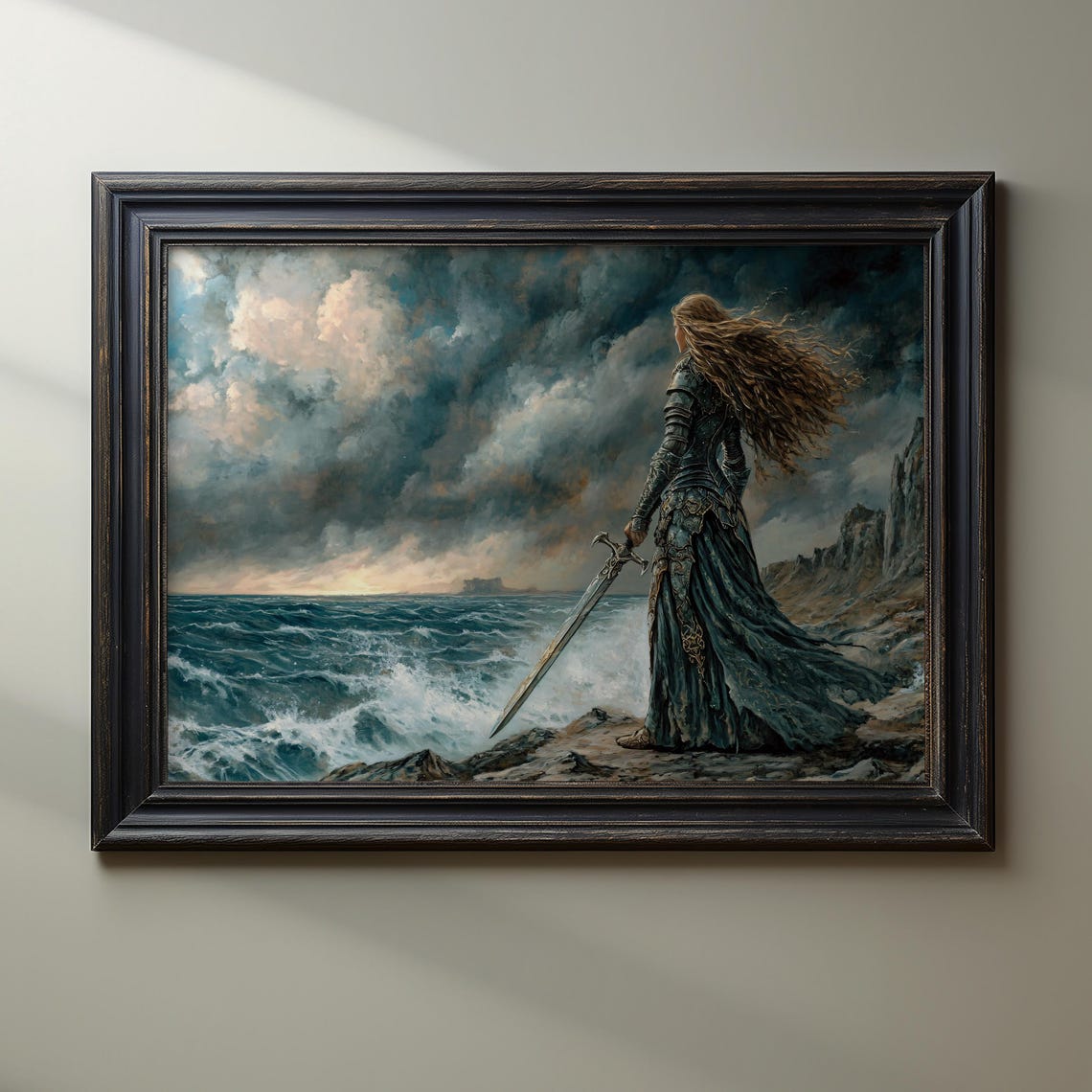 Female Warrior With a Sword Standing on a Stormy Dark Coast Poster - Image 3