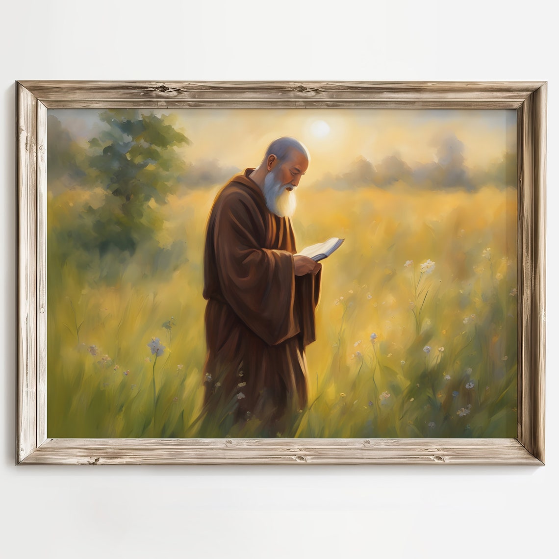 Elderly Monk Reading a Book in a Golden Wildflower Meadow Poster - Image 4