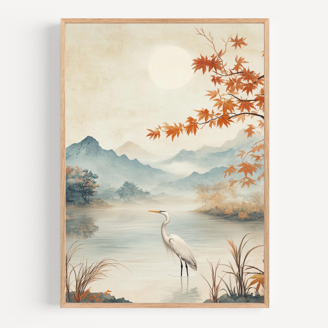 White Egret Standing in an Autumn Lake with Maple Leaves Poster - Image 3