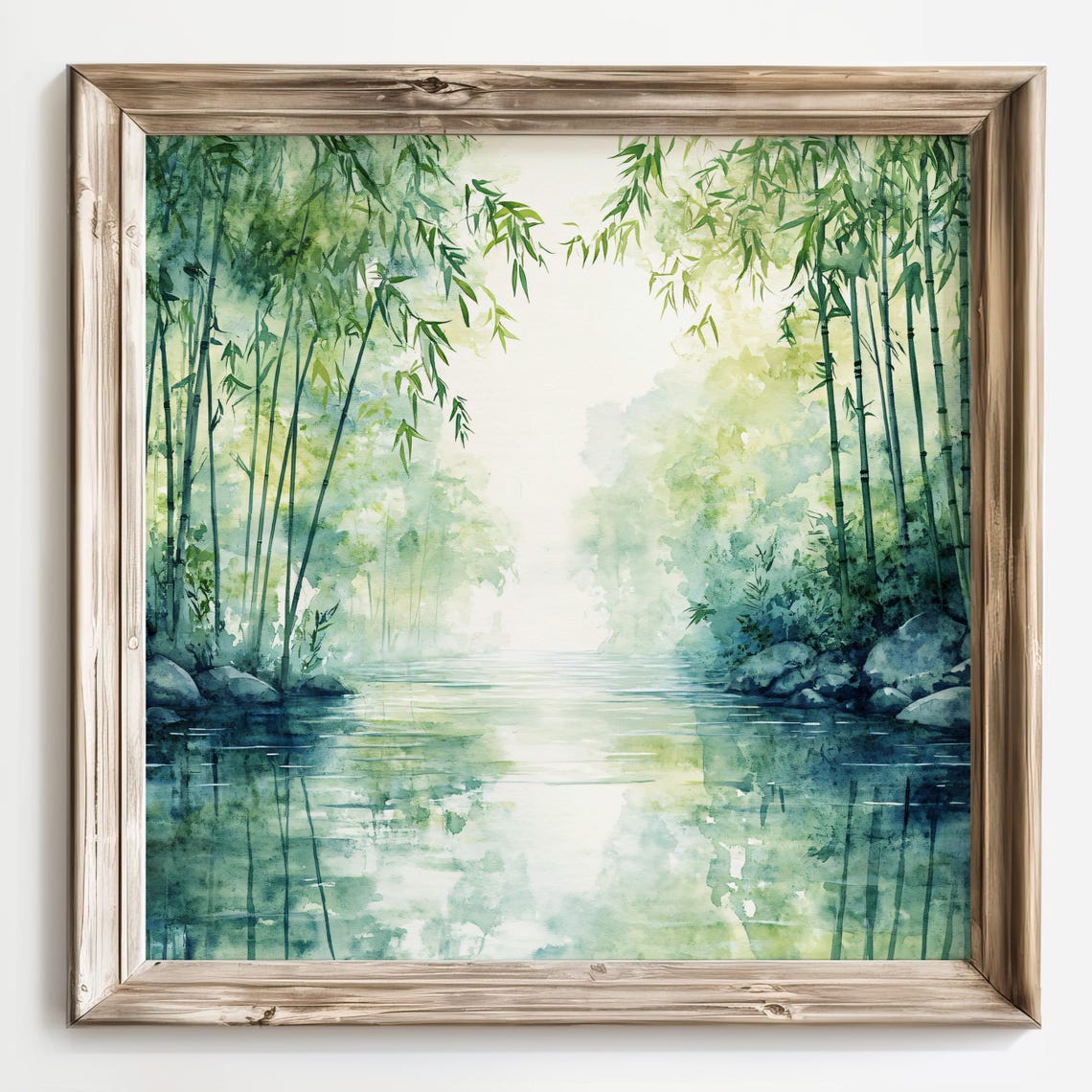 Watercolor Bamboo Grove River Tranquil Zen Nature Scene Poster - Image 2