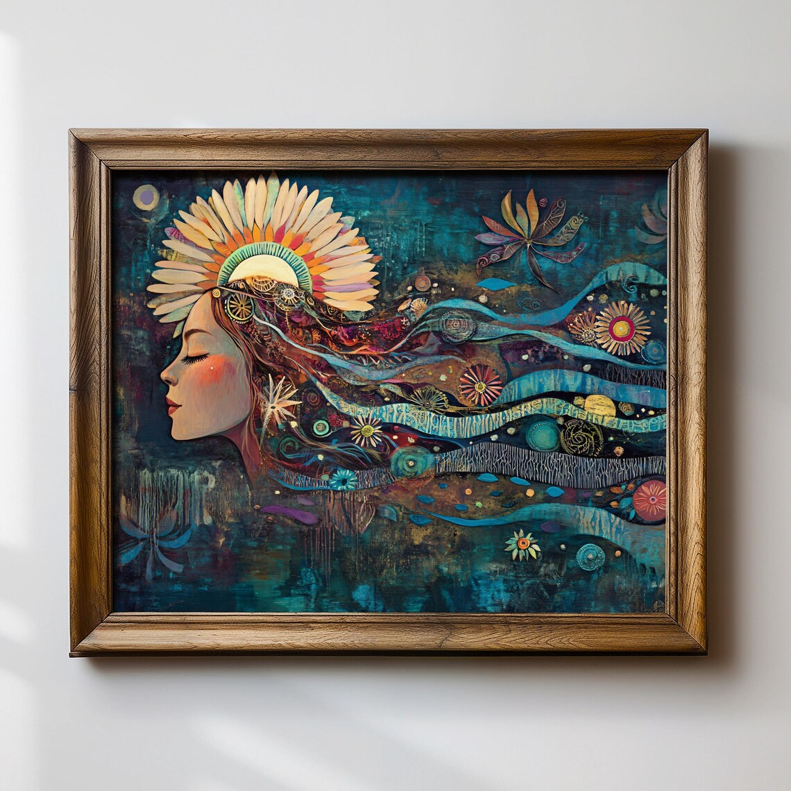 Dreamy Boho Woman with Floral Sun Crown Surreal Night Art Poster - Image 3