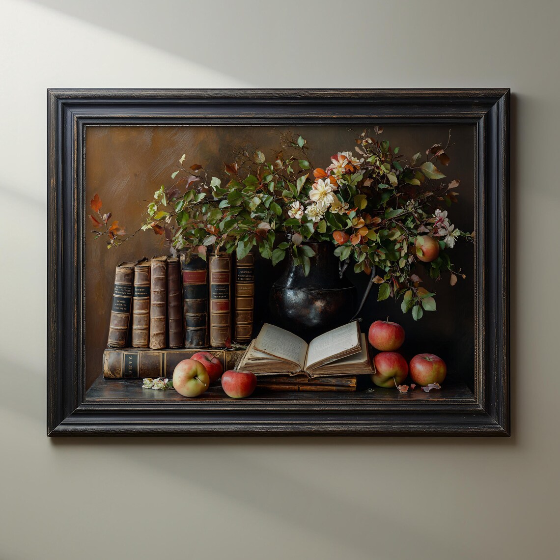 Vintage Books Apples and Flowers Still Life Painting Art Poster