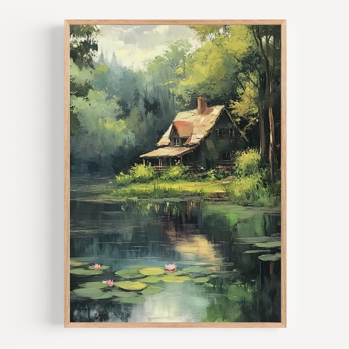 Rustic Cottage Water Lily Pond Landscape Art Print - Image 2