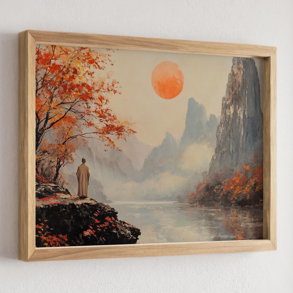 Autumn Red Sun Over Misty Mountains Lone Monk Zen Landscape Poster - Image 3