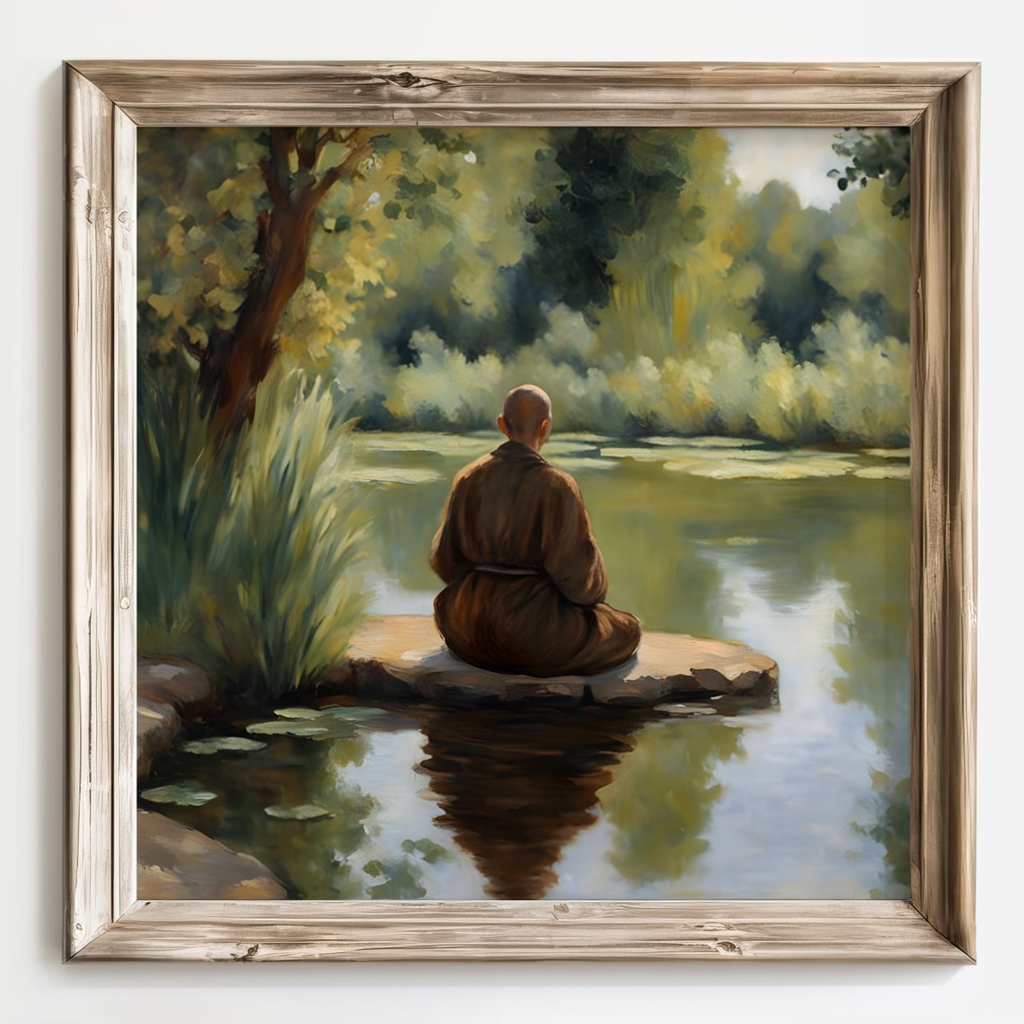 Meditating Monk by a Lily Pond in a Quiet Green Woodland Poster - Image 2