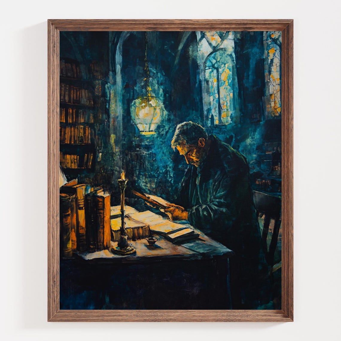 Old Scholar Reading by Candlelight in a Cathedral Library Poster