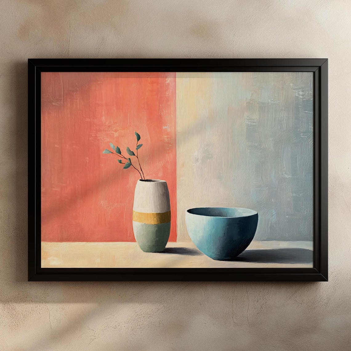 Abstract Vase And Bowl Art Minimalist Home Decor Modern Still Life Coral And Blue Wall Art Contemporary Interior Art Simple Floral Art - Image 2