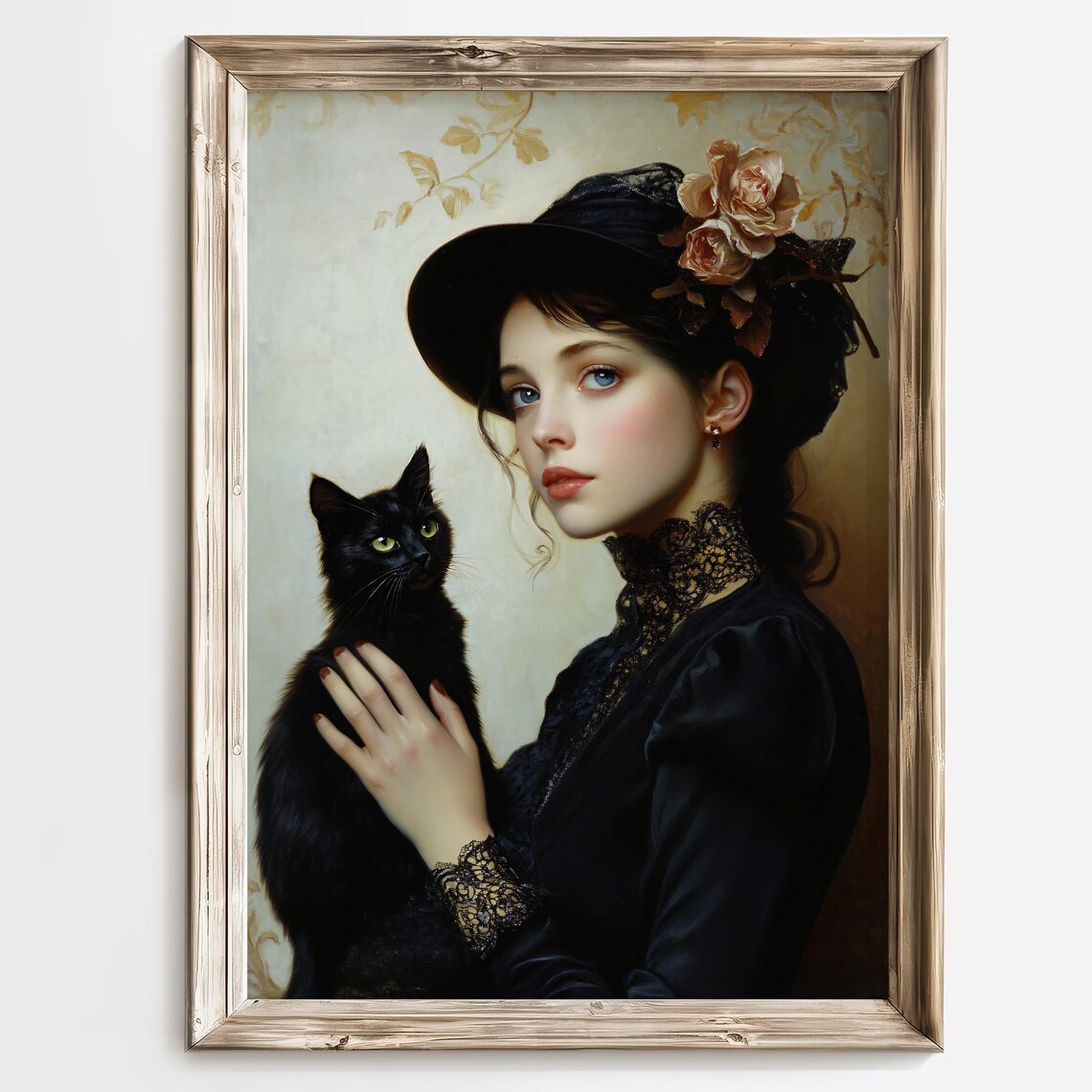 Victorian Lady in Black Lace Holding a Black Cat Portrait Poster - Image 2