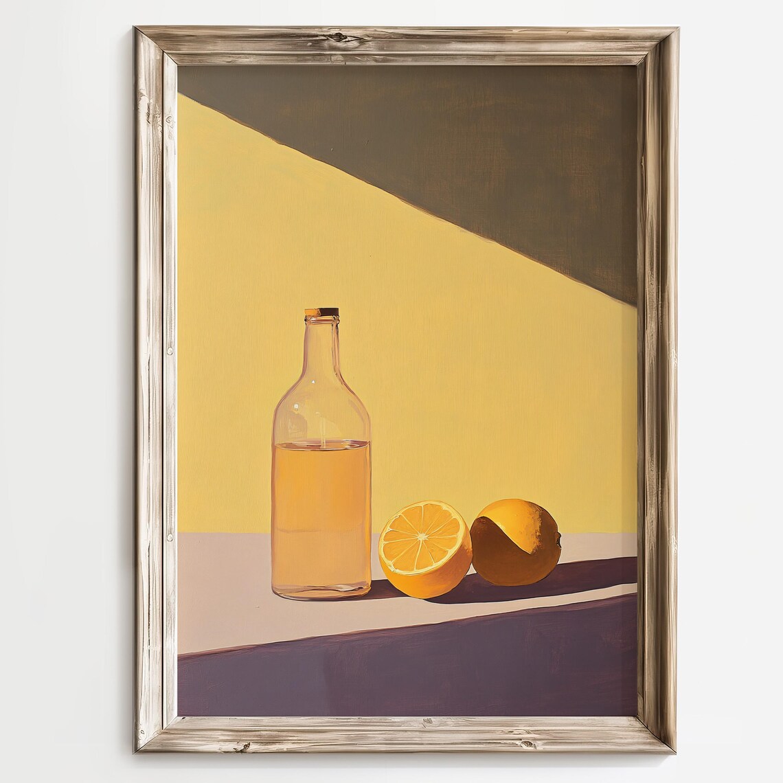Bottle And Lemon Print Minimalist Lemon Art Print Modern Still Life Painting Citrus Fruit Wall Art Yellow Kitchen Decor Home Decor Gift