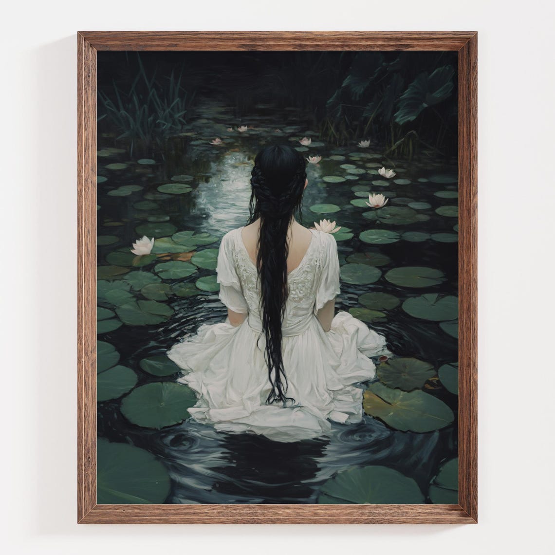Romantic Water Lily Pond Print Gothic Nature Artwork Ethereal Woman In White Dress Dark Academia Wall Art Moody Botanical Artwork - Image 3