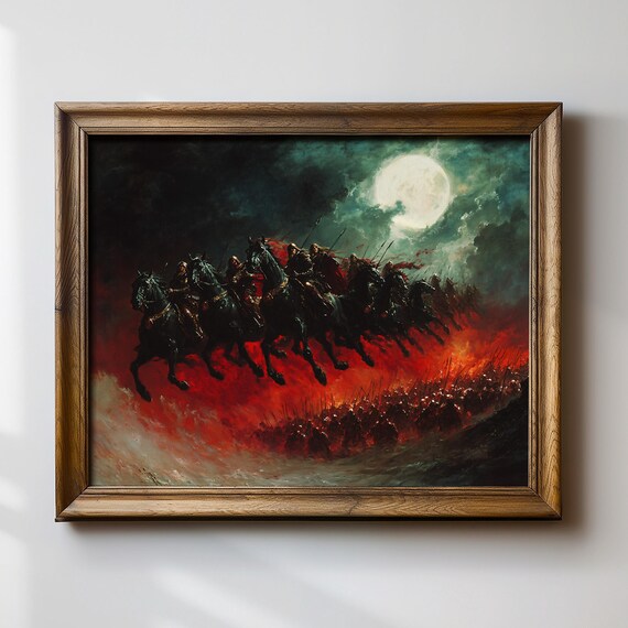 Moonlit Night Riders Charging Across Crimson Skies Epic Poster