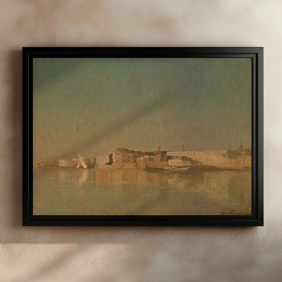 Hazy Coastal Town Harbor Impressionist Golden Seascape Poster - Image 3