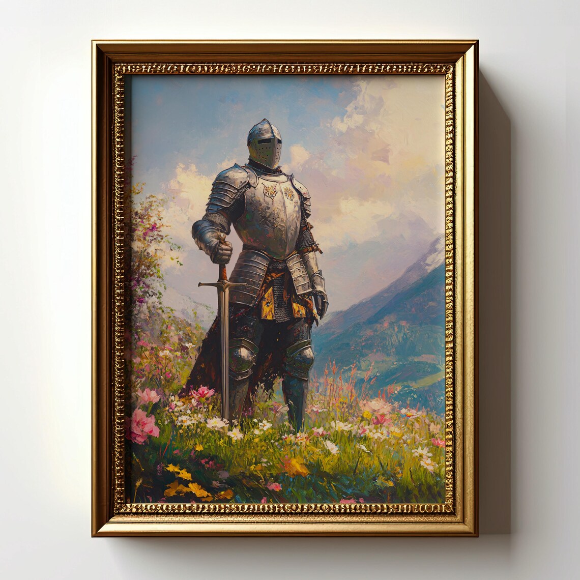 Medieval Knight in Full Armor Standing in a Wildflower Meadow Poster