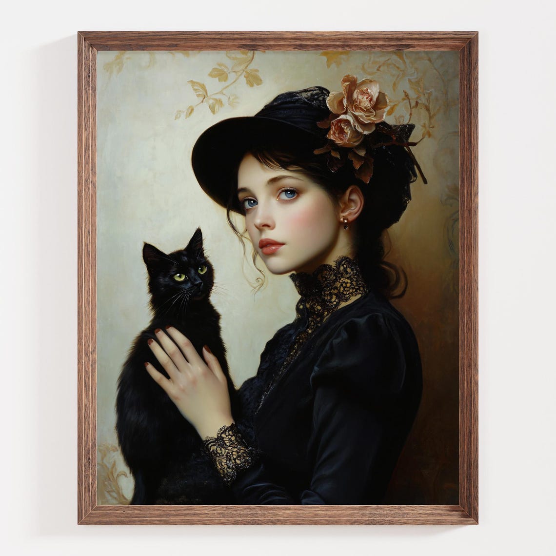 Victorian Lady in Black Lace Holding a Black Cat Portrait Poster - Image 3
