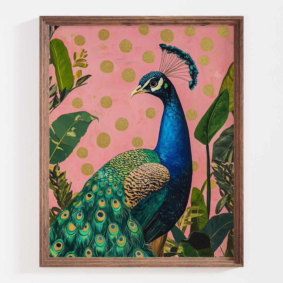 Blue Peacock on Pink with Gold Polka Dots Tropical Bird Poster - Image 3