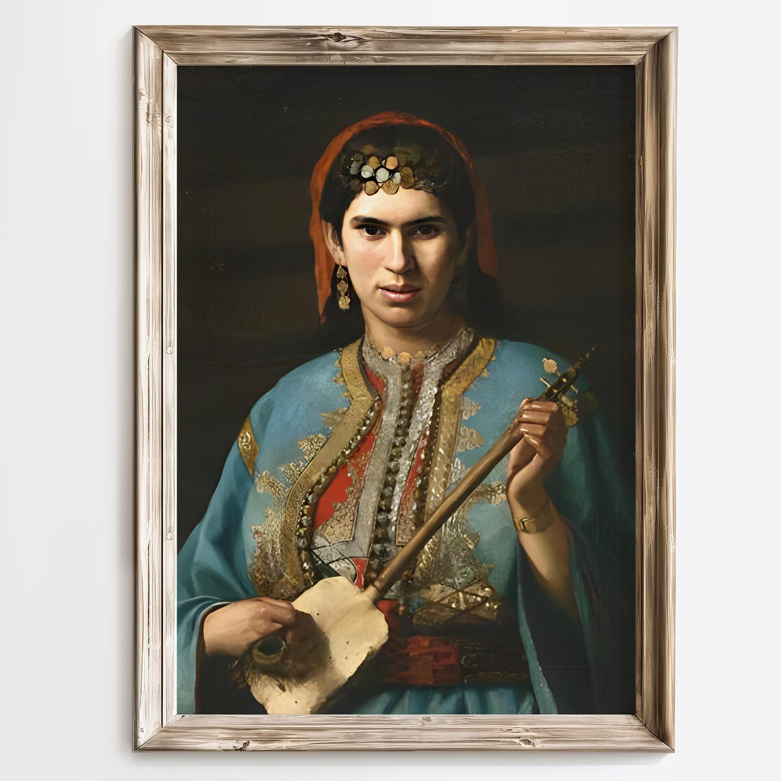 Eastern Woman with Lute in Blue Embroidered Robe Portrait Poster - Image 2