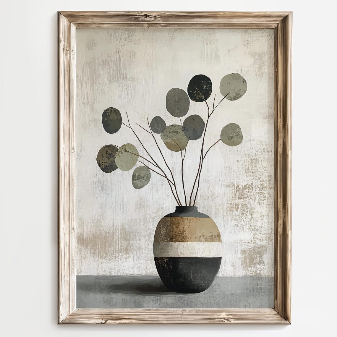 Minimalist Eucalyptus Leaves in a Striped Ceramic Vase Art Poster